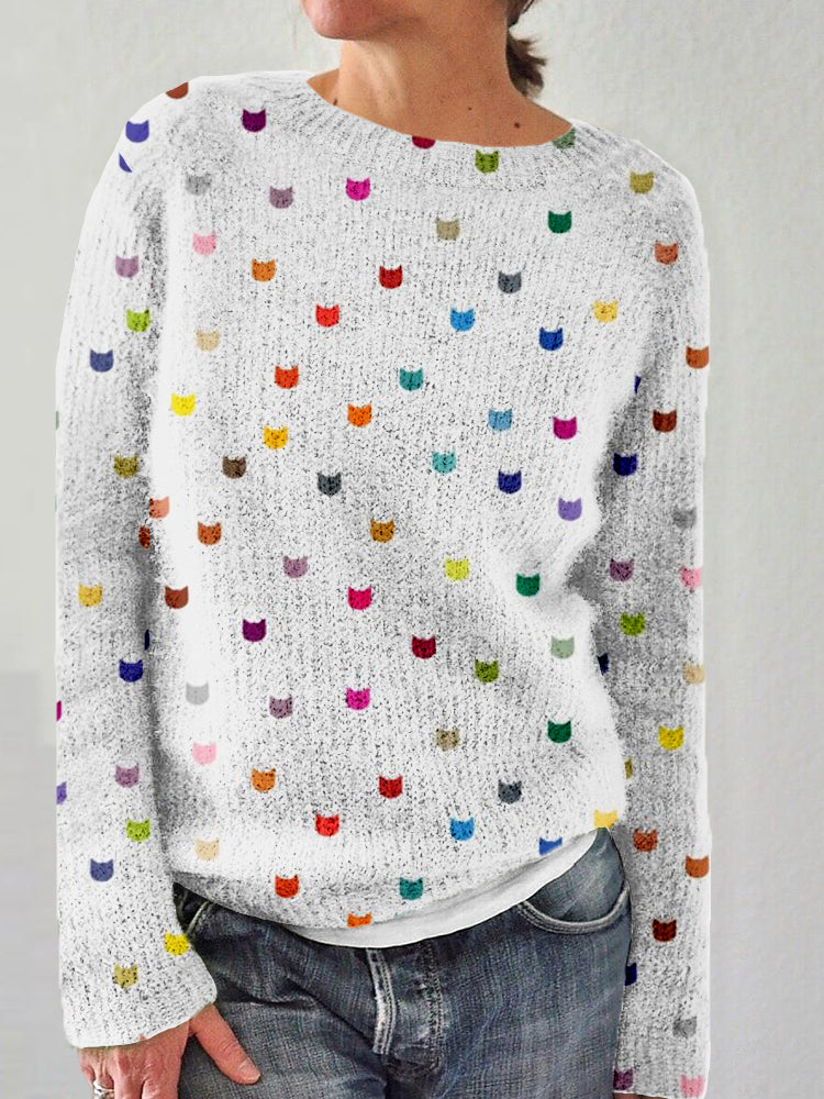 Cute Little Kitty Pattern Crew Neck Cozy Sweater elevenforest