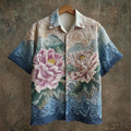 Vintage Boho Peony Floral Art Men's Linen Short Sleeve Shirt elevenforest