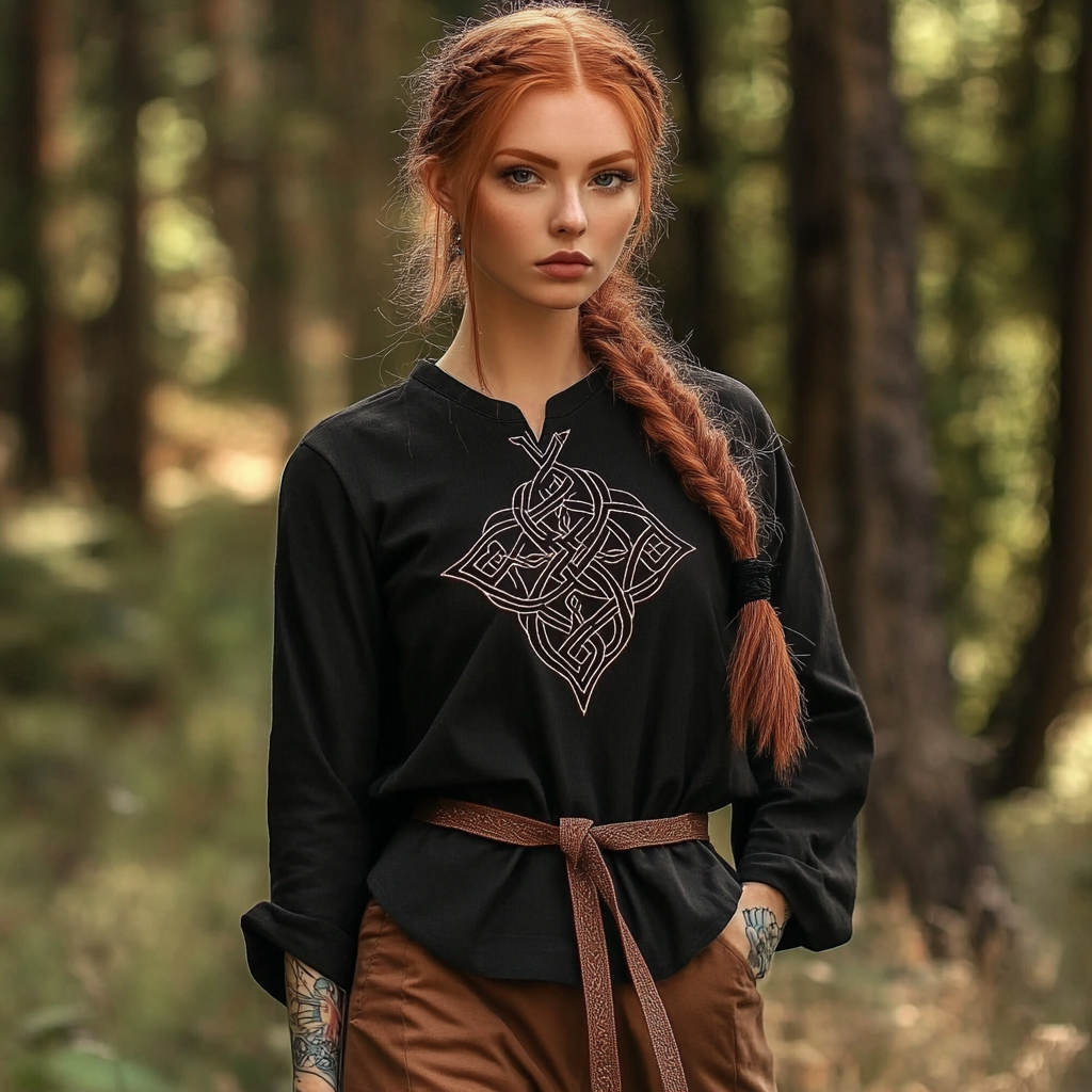 Women's Vintage Viking Rune Linen V-neck Shirt elevenforest