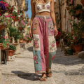 Classic Retro Rose And Floral Patchwork Art Linen Pants elevenforest