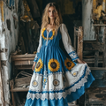 Vintage Sunflower Gradient Lace Art Linen V-neck Maxi Dress elevenforest