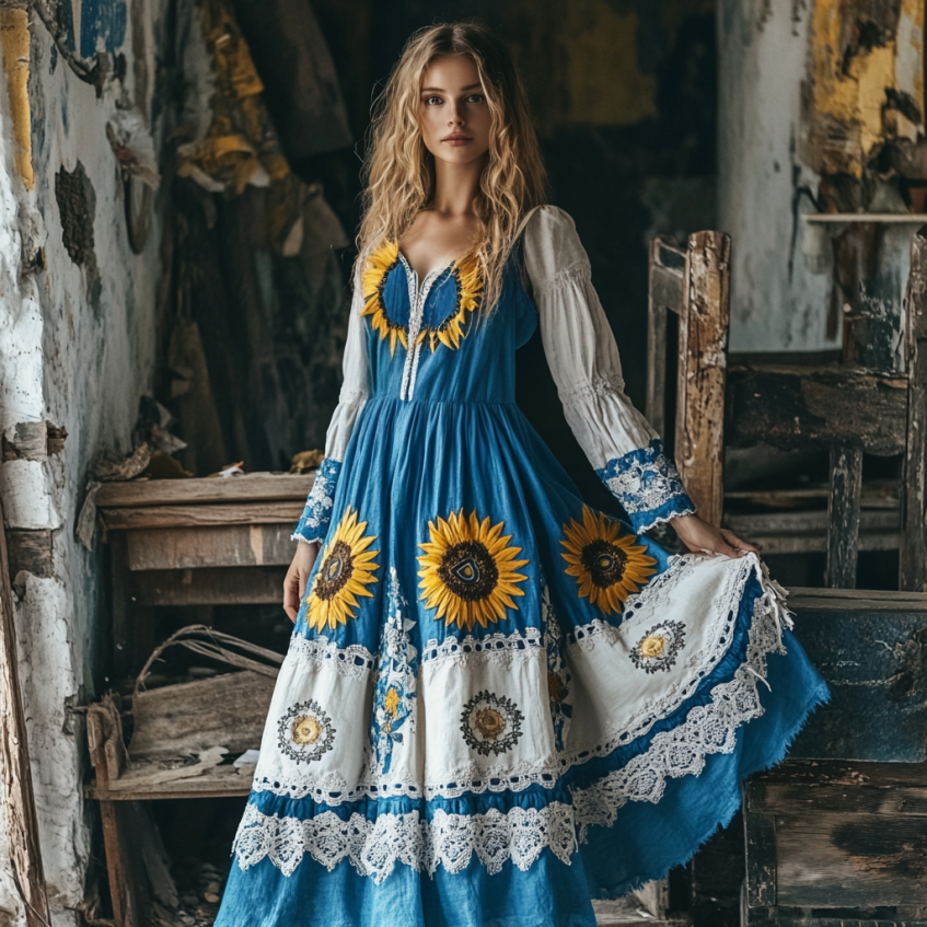 Vintage Sunflower Gradient Lace Art Linen V-neck Maxi Dress elevenforest