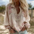 Women's Rose Embroidery Art V-neck Short Sleeve Linen Blend Shirt elevenforest