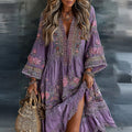 Women's Retro Floral Art Flowy Linen Blend Casual Long Sleeve Maxi Dress elevenforest