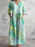 Women's Elegant Vintage Floral Pattern Cotton and Linen Dress with Poc