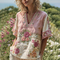 Women's Bohemian Contrast Patchwork Floral V-neck T-shirt elevenforest