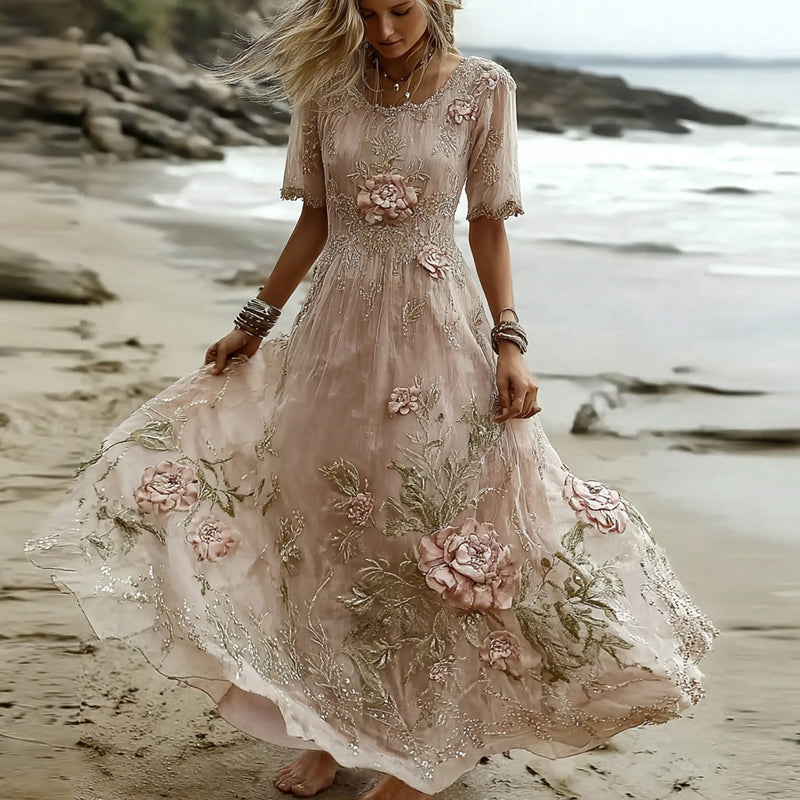 Women's Pink Rose Embroidered Casual And Elegant Dress elevenforest