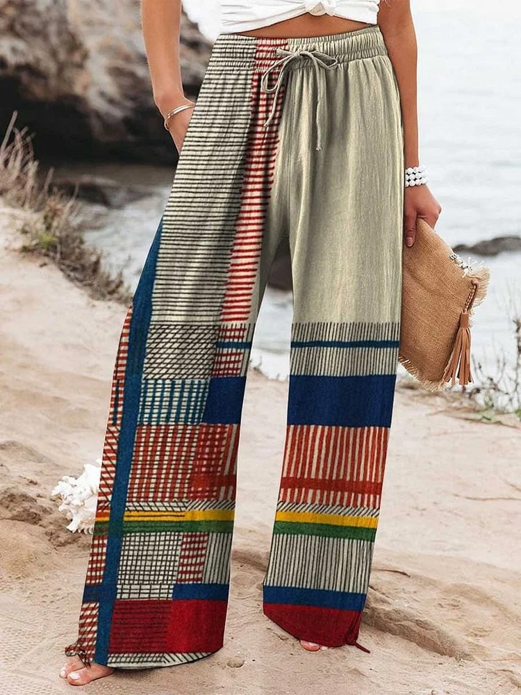 Comstylish Women's Vintage Geometric Line Art Print Cotton Pants