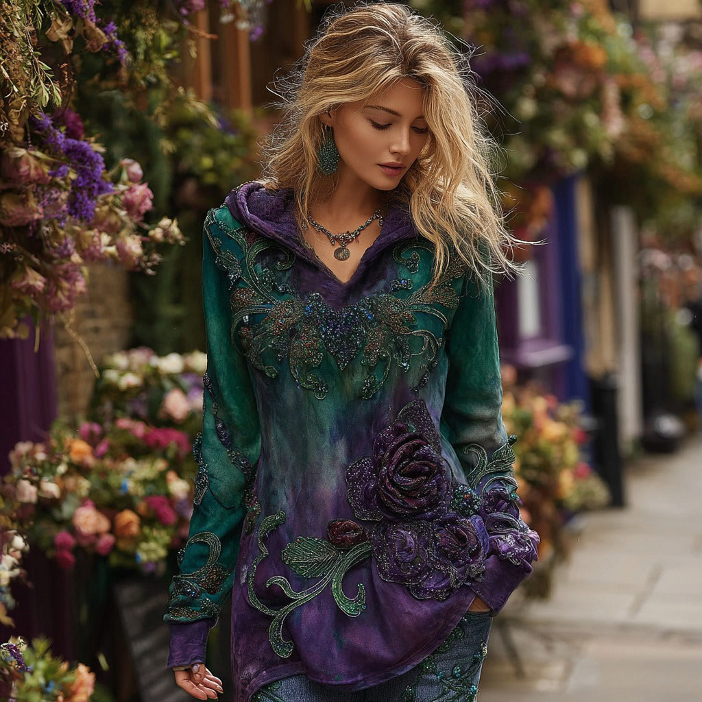 Women's Vintage Rose Floral Embroidery Comfy Hooded T-shirt elevenforest