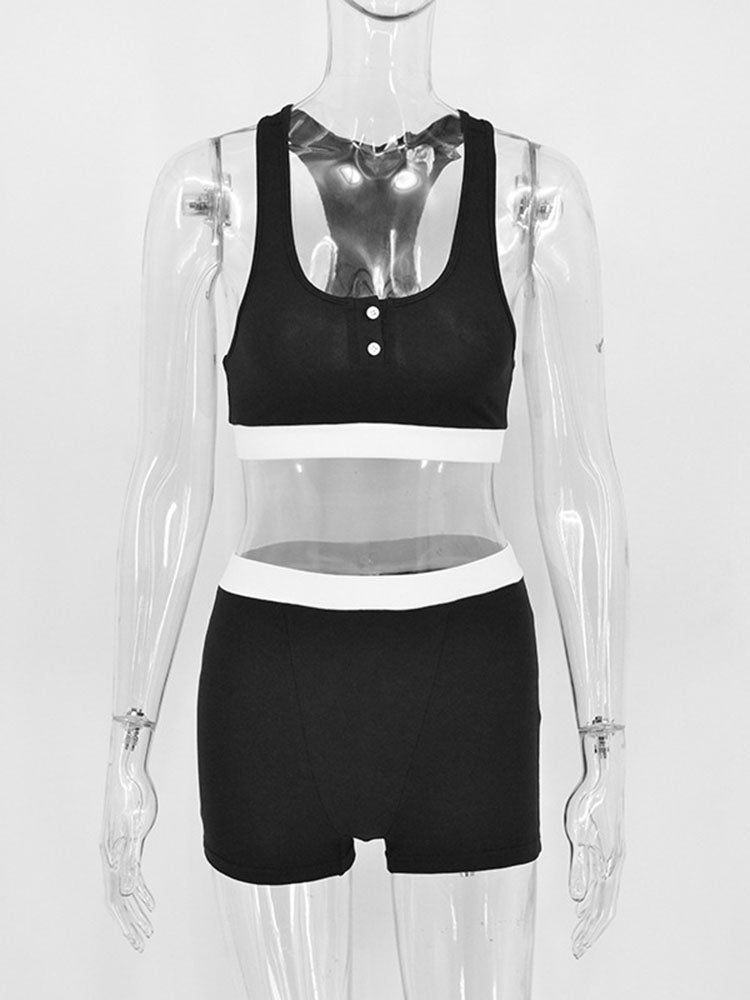 Taruxy Sport Short Sets 2 Piece Outfits Summer Basic Contrast Color Tank Top Woman Yago Slim Short Suits Femme