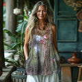 Vintage Floral Print Linen Blend Tank Top elevenforest