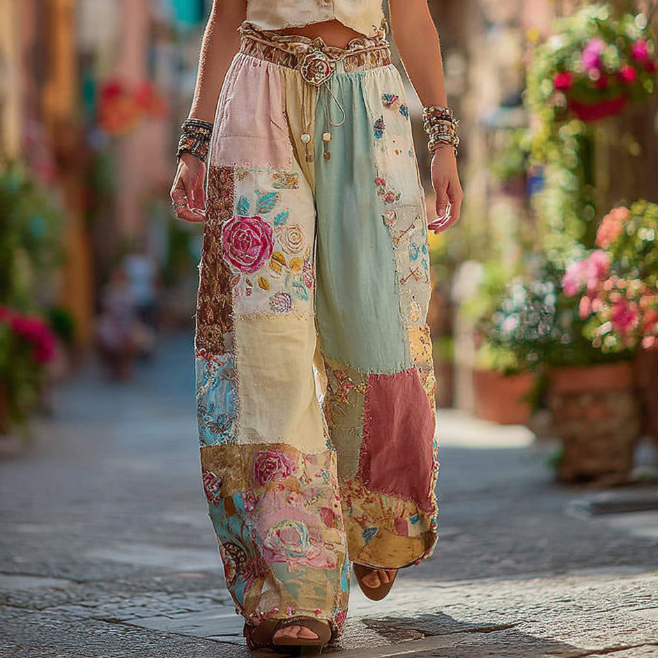 Classic Retro Rose And Floral Patchwork Art Linen Pants elevenforest