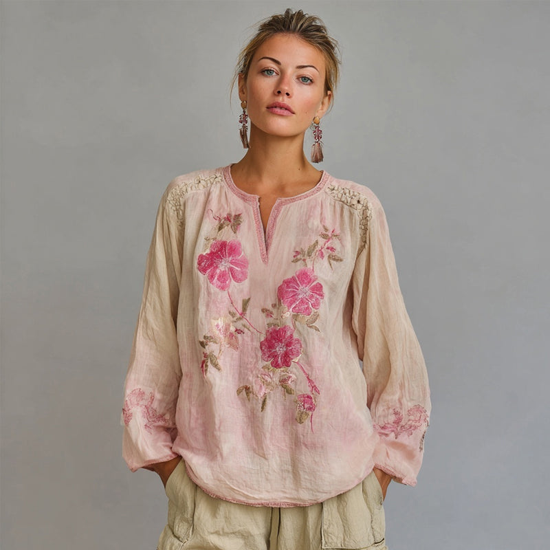 Boho Pink Floral Embroidered Vintage Linen Tunic elevenforest