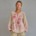 Boho Pink Floral Embroidered Vintage Linen Tunic elevenforest