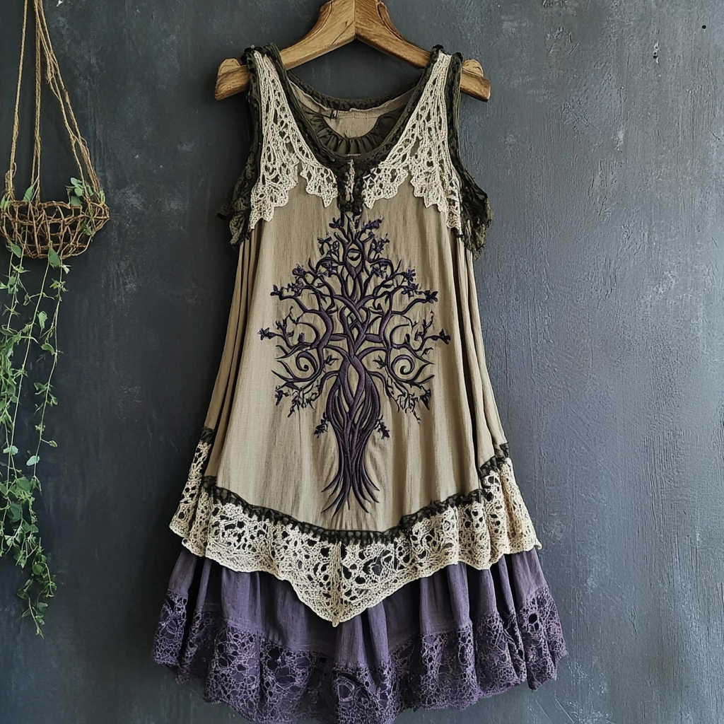 Women's Vintage Tribal Viking Tree Of Life Lace Panel Dress elevenforest