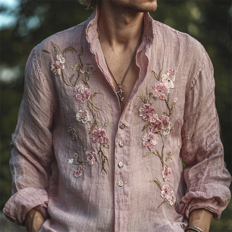 Men's Vintage Pink Cherry Blossom Embroidered Flowy Linen Shirt elevenforest