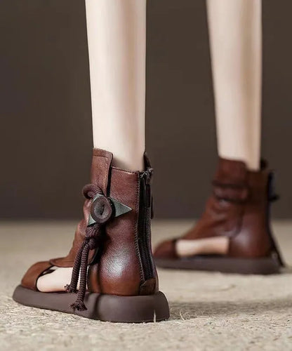Handmade Beige Splicing Cowhide Leather Chunky Sandals Boots Oi039