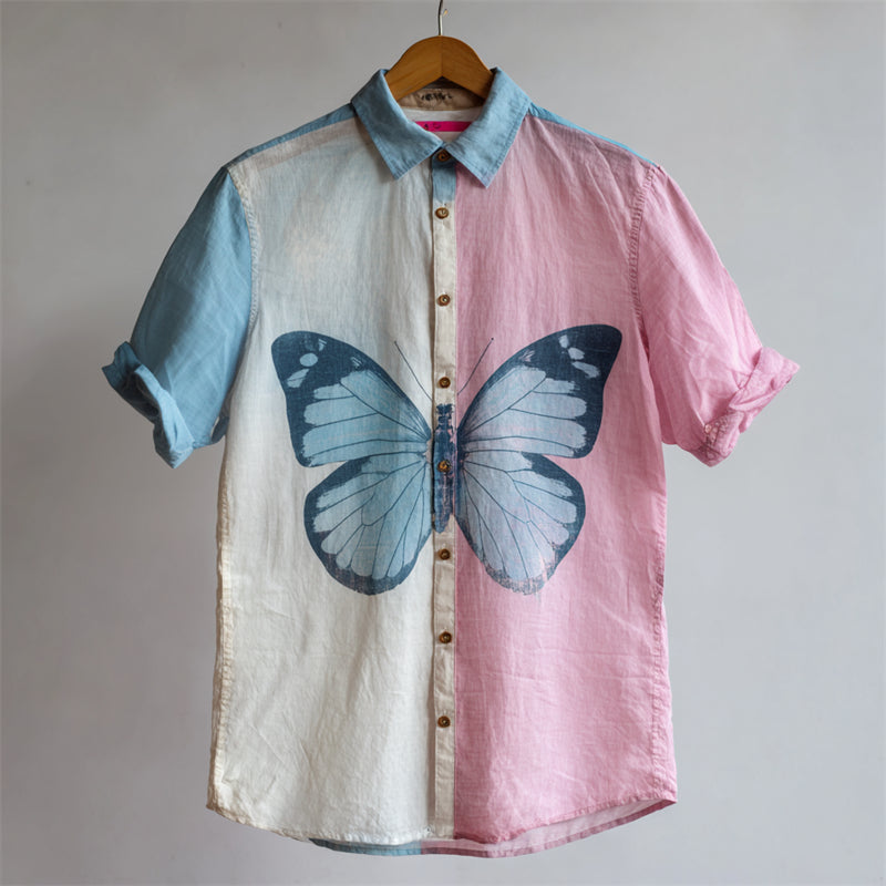 Comstylish Vintage Butterfly Trans Flag Colorblock Linen Shirt