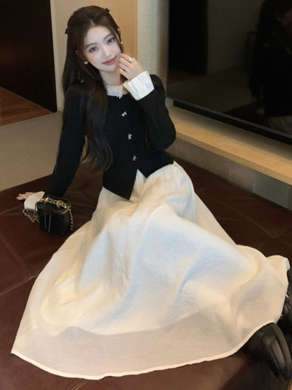 Patchwork Midi Dress O-neck Long Sleeve A-line Autumn Spring Evening Party Prom Robe Princess Vestidos New