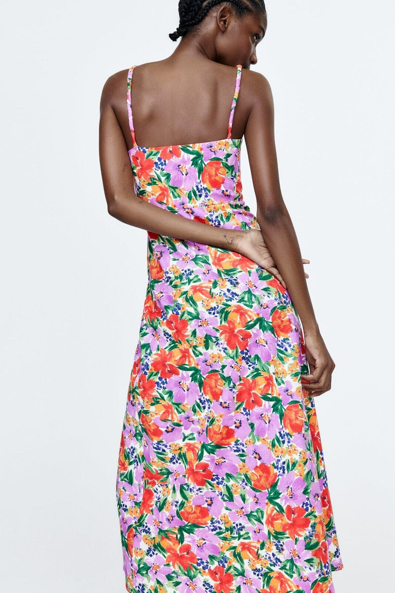 Buttoned Trim Cami Slit Midi Dress