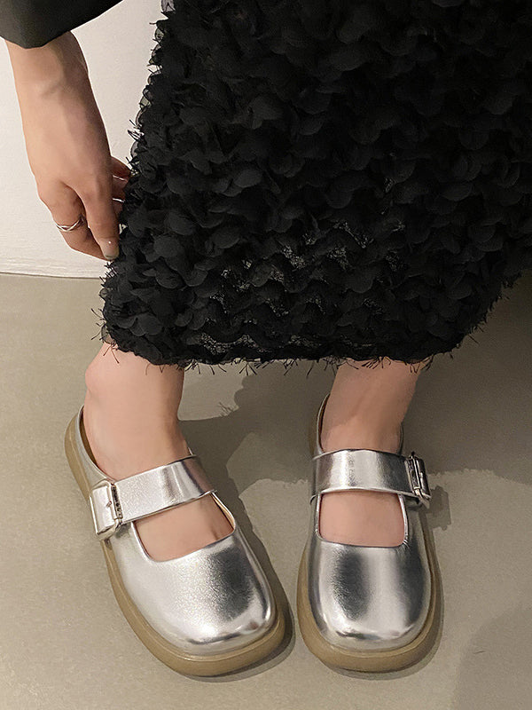 Belt Buckle Round-toe Shallow Cut Split-joint Platform Shoes Slippers&mules