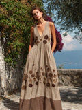 Vintage Daisies Embroidered Coffee Plaid Linen Maxi Dress elevenforest