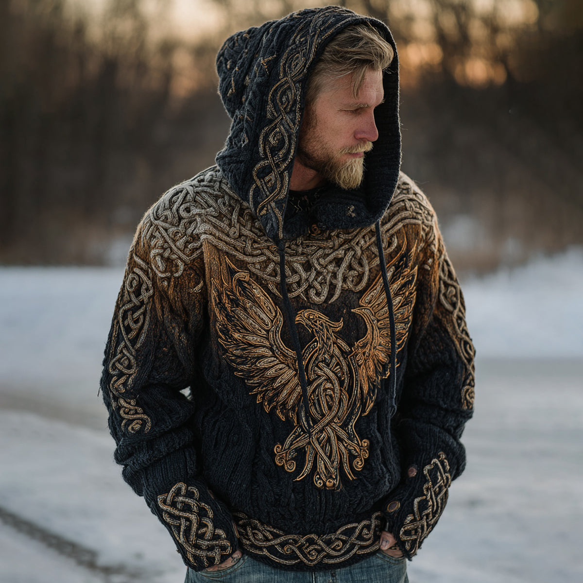 Men's Chunky Knit Celtic Knot Myth Phoenix Hooded Sweater elevenforest