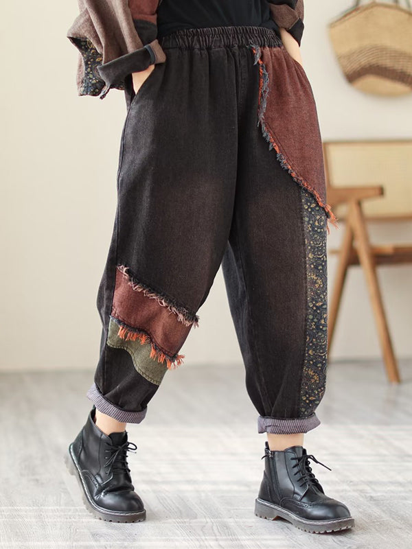 Contrast Color Fringed Split-joint Long Sleeves Printed Outwear + Harem Pants Two Pieces Set