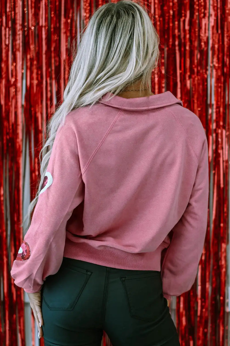 Pink Sequin Heart Collared Sweatshirt