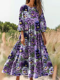 Women's Floral Print Flowy Cotton Crew Neck Dress elevenforest