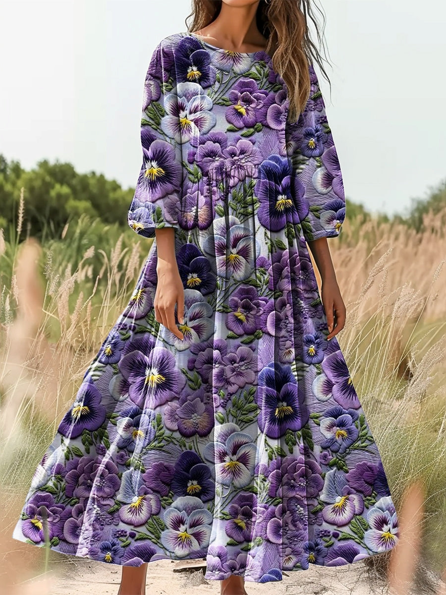 Women's Floral Print Flowy Cotton Crew Neck Dress elevenforest