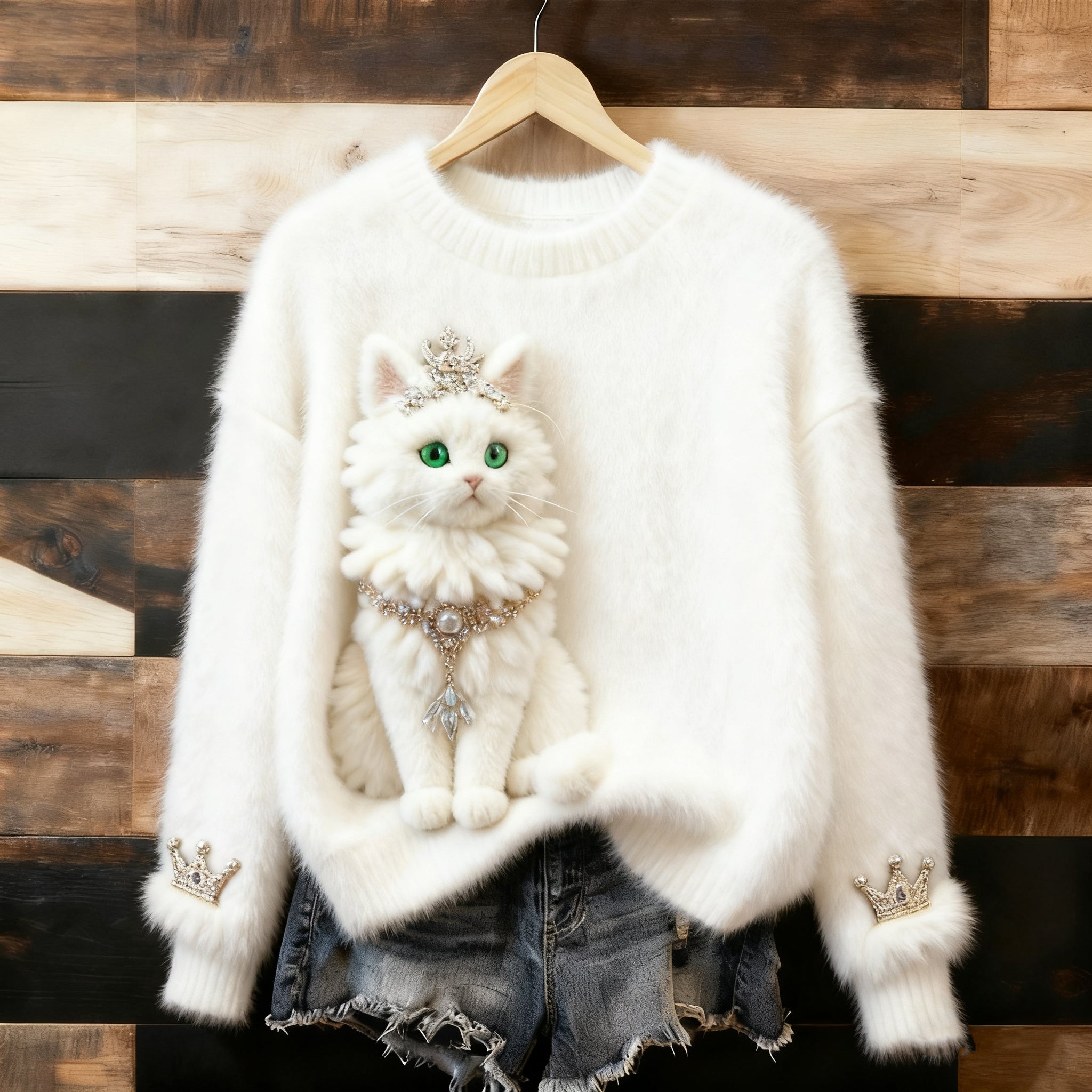 Cute Fluffy Cat Pattern Thick Pullover Sweater elevenforest
