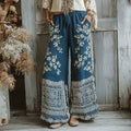 Vintage Japanese Traditional Sashiko With Sakura Art Pattern Linen Blend Casual Pants elevenforest