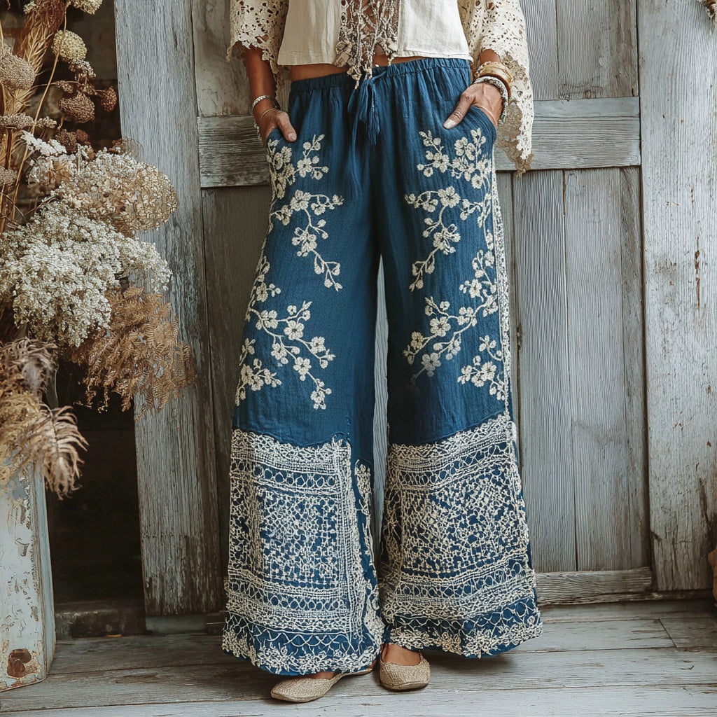 Vintage Japanese Traditional Sashiko With Sakura Art Pattern Linen Blend Casual Pants elevenforest