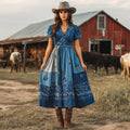 Women's Vintage Texas Bluebonnets Patchwork Print V-neck Short Sleeves Midi Dress elevenforest