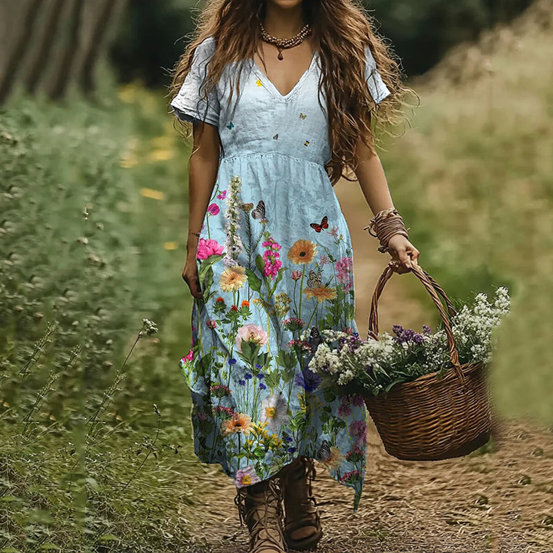 Vintage Wildflowers And Butterflies Art Linen V-neck Dress elevenforest