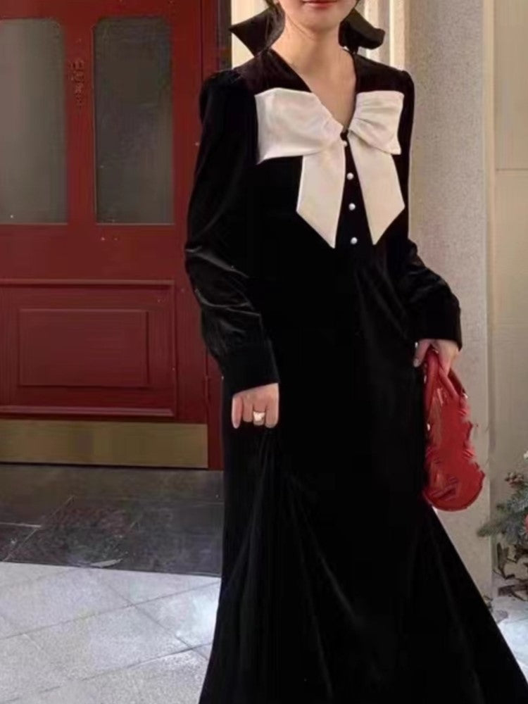 ’s Velvet Midi Dress Autumn Spring Bow Design V-neck Long Sleeve A-line French Evening Party Prom Robe Vestidos New