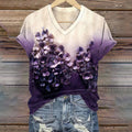 Women's Purple Floral Art Print V-neck Short-sleeved T-shirt elevenforest