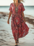 Women's Retro Ethnic Totem Print V-Neck Short Sleeve Cotton Pocket Dre