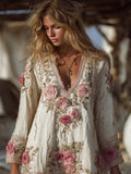 Vintage Pink Flowers Embroidered V Neck Linen Mini Dress elevenforest