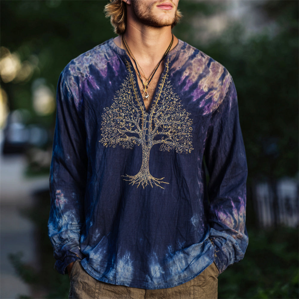 Boho Tree Of Life Embroidered Tie-dye Men's Linen Long Sleeve Shirt elevenforest