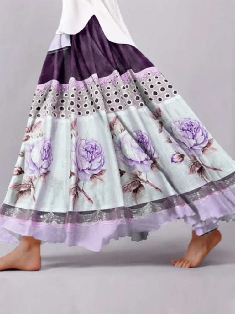 Women's Retro Casual Purple Floral Splicing Skirt elevenforest
