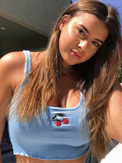 Cotton Ribbed Cherry Embroidery Tank Top Sweet Cropped Sleeveless Summer Top Vest New Crop Tops Clothing
