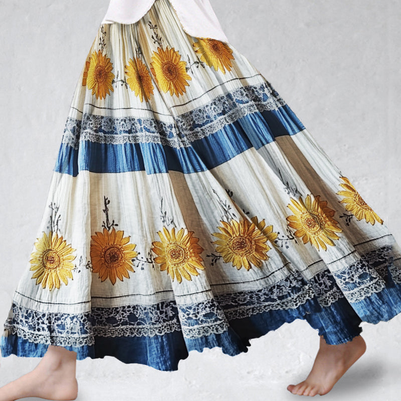 Boho Sunflowers Embroidered Lace Patchwork Flowy Wide Skirt elevenforest