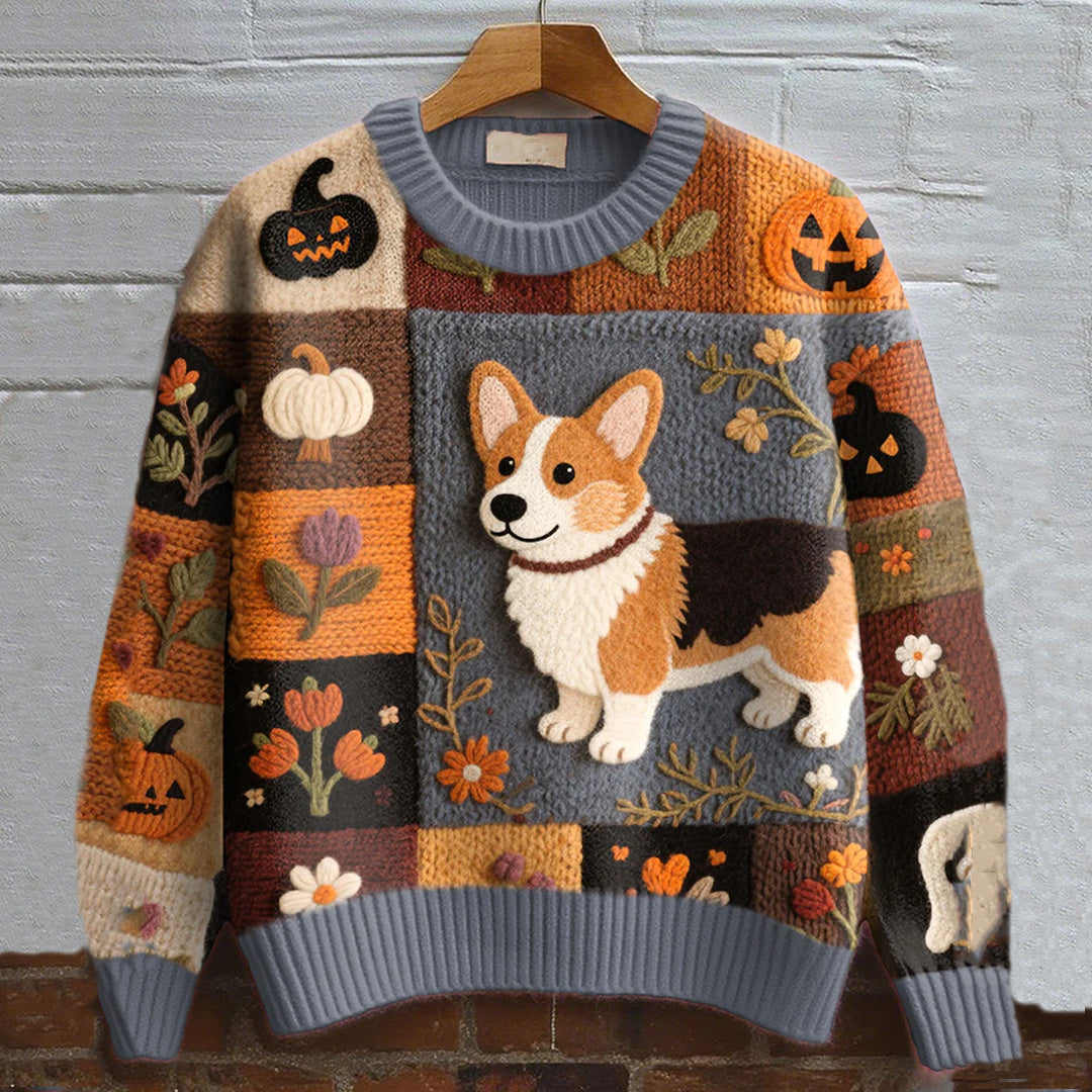 Vintage Corgi Dog With Felt In Autumn Inspired Embroidered Cozy Knit Sweater artswardrobe