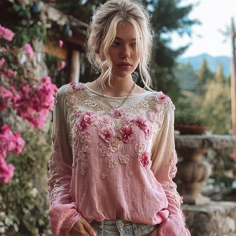 Boho Vintage Floral Lace Embroidered Women's Linen Long Sleeve Shirt elevenforest