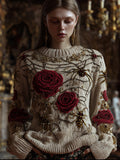 Antique Halloween Spider Silk And Red Rose Rice White Round Neck Sweater elevenforest
