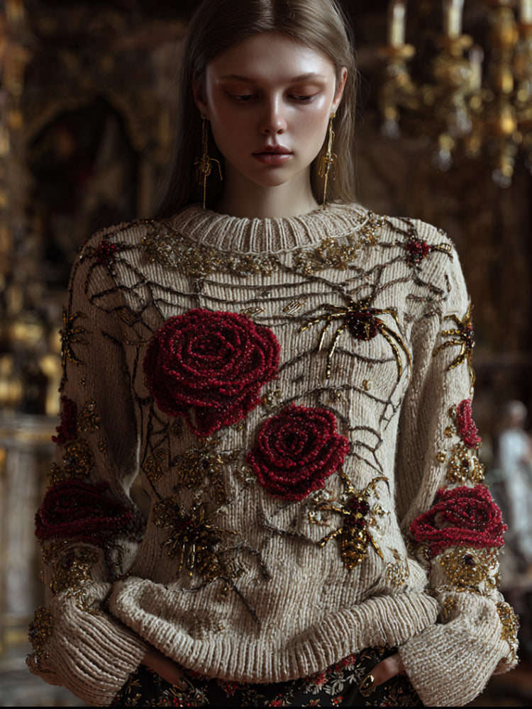 Comstylish Antique Halloween Spider Silk And Red Rose Rice White Round Neck Sweater