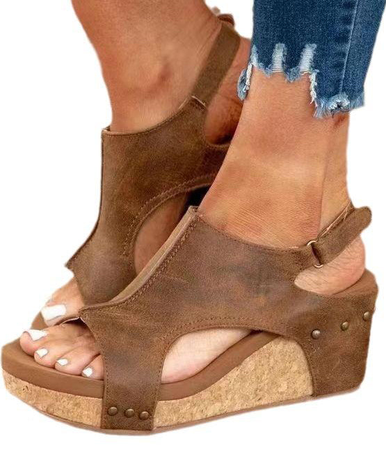 European American Style Black Splicing Wedge Sandals Hollow Out Peep Toe Uu011