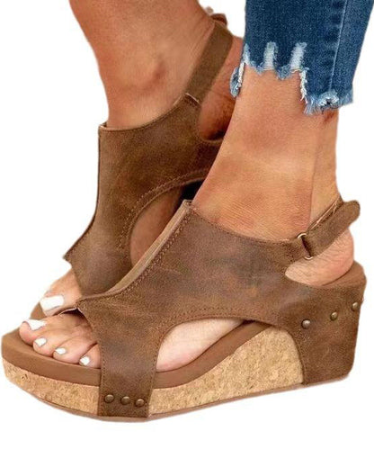 European American Style Black Splicing Wedge Sandals Hollow Out Peep Toe Uu011
